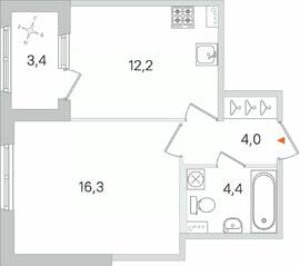МЖК «Дубровский», планировка 1-комнатной квартиры, 38.60 м²