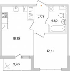ЖК «Ясно. Янино», планировка 1-комнатной квартиры, 40.15 м²