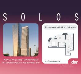 ЖК «Солос», планировка 1-комнатной квартиры, 48.69 м²