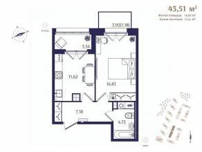 ЖК «Ranta Residence», планировка 1-комнатной квартиры, 43.51 м²