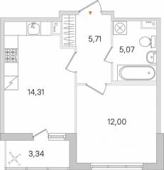 ЖК «Ясно. Янино», планировка 1-комнатной квартиры, 38.76 м²