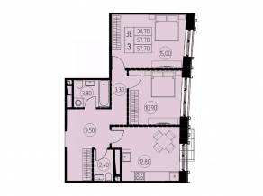 ЖК «7 небо», планировка 3-комнатной квартиры, 57.70 м²