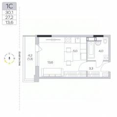 ЖК «Пироговская Ривьера», планировка студии, 27.40 м²
