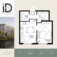 ЖК «ID Petrogradskaya», планировка 1-комнатной квартиры, 35.80 м²