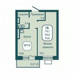 ЖК «Андреевка LIFE», планировка 1-комнатной квартиры, 35.00 м²