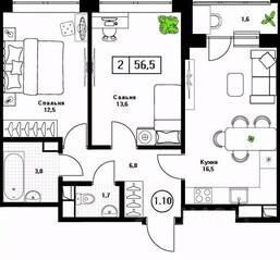 ЖК «Пушкино Град», планировка 2-комнатной квартиры, 56.50 м²