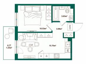 ЖК «ЛесART», планировка 1-комнатной квартиры, 34.44 м²