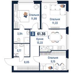 ЖК «Максималист», планировка 3-комнатной квартиры, 61.36 м²