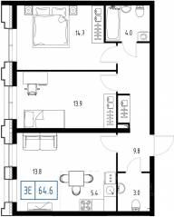 ЖК «Skolkovo One», планировка 3-комнатной квартиры, 64.60 м²