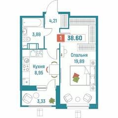 ЖК «Графика», планировка 1-комнатной квартиры, 38.60 м²