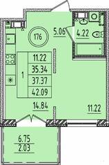 МЖК «Образцовый квартал 14», планировка 1-комнатной квартиры, 35.34 м²