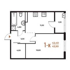 ЖК «Новое Летово», планировка 1-комнатной квартиры, 41.00 м²