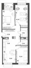 ЖК Арт-квартал «Публицист», планировка 3-комнатной квартиры, 77.71 м²
