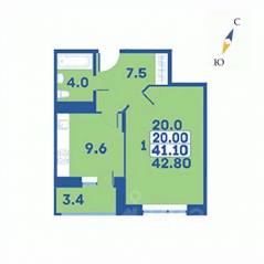 ЖК «Эдельвейс» (ЦентрСтрой), планировка 1-комнатной квартиры, 42.80 м²