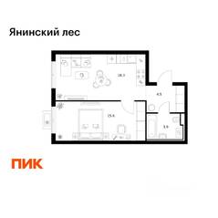 ЖК «Янинский лес», планировка 1-комнатной квартиры, 42.30 м²