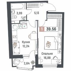ЖК «Авиатор» (Девяткино), планировка 1-комнатной квартиры, 39.56 м²