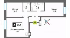 ЖК «Лесная Отрада», планировка 2-комнатной квартиры, 53.30 м²