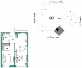 ЖК «Страна.Парковая», планировка 2-комнатной квартиры, 44.66 м²