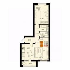 ЖК «ДОМодедово Парк», планировка 2-комнатной квартиры, 56.10 м²
