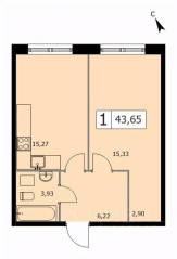 ЖК «Self», планировка 1-комнатной квартиры, 43.20 м²