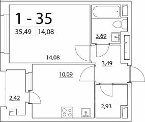 ЖК «New Time», планировка 1-комнатной квартиры, 35.20 м²
