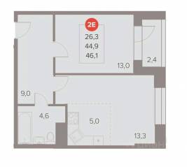 ЖК «Отлично», планировка 2-комнатной квартиры, 46.10 м²