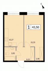 ЖК «Self», планировка 1-комнатной квартиры, 43.50 м²
