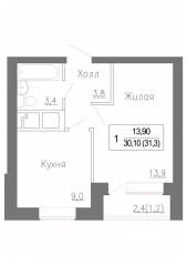 МЖК «Новое Замитино», планировка 1-комнатной квартиры, 31.90 м²