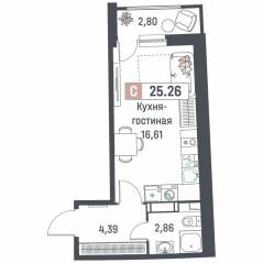 ЖК «Авиатор» (Девяткино), планировка студии, 25.26 м²
