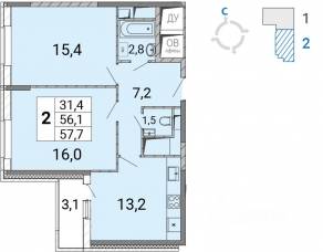 ЖК «Центр-2», планировка 2-комнатной квартиры, 57.90 м²
