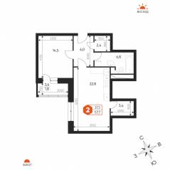 ЖК «Идеал», планировка 2-комнатной квартиры, 57.70 м²