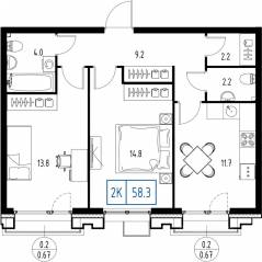 ЖК «Skolkovo One», планировка 2-комнатной квартиры, 58.30 м²