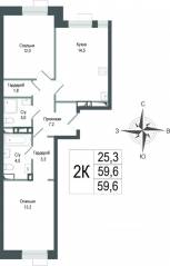 ЖК «Киноквартал», планировка 2-комнатной квартиры, 59.60 м²