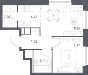 Апарт-комплекс «Верейская 41», планировка 1-комнатной квартиры, 36.85 м²