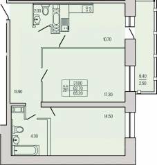 ЖК «Экос», планировка 2-комнатной квартиры, 65.20 м²