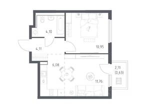 ЖК «Пригород Лесное», планировка 1-комнатной квартиры, 37.63 м²