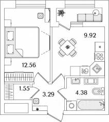 ЖК «БелАрт», планировка 1-комнатной квартиры, 32.93 м²