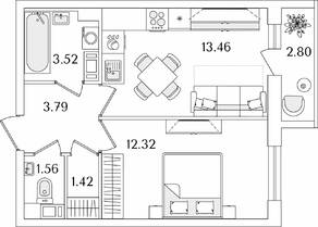 ЖК «Кинопарк», планировка 1-комнатной квартиры, 37.47 м²