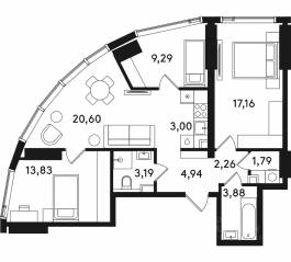 ЖК «Solos», планировка 3-комнатной квартиры, 79.94 м²