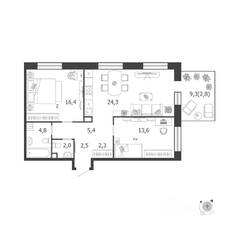 ЖК «Жилой квартал Shagal», планировка 2-комнатной квартиры, 74.10 м²
