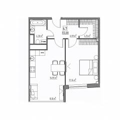 Апарт-комплекс «Residence 15», планировка 2-комнатной квартиры, 55.68 м²