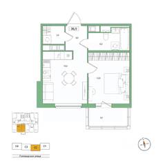ЖК «Янила», планировка 1-комнатной квартиры, 36.90 м²