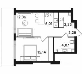 ЖК «Solos», планировка 1-комнатной квартиры, 42.89 м²