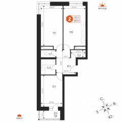 ЖК «Идеал», планировка 3-комнатной квартиры, 66.40 м²