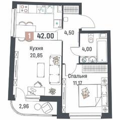 ЖК «Авиатор» (Девяткино), планировка 1-комнатной квартиры, 42.00 м²