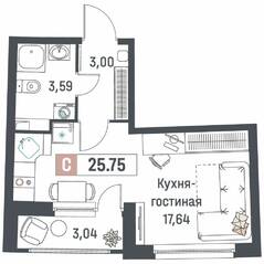 ЖК «Авиатор» (Девяткино), планировка студии, 25.75 м²
