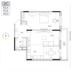 ЖК «Пироговская Ривьера», планировка 2-комнатной квартиры, 61.50 м²