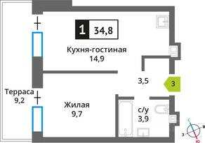 ЖК «Никольский квартал Отрада», планировка 1-комнатной квартиры, 34.80 м²