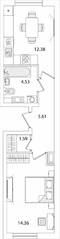 ЖК «Кинопарк», планировка 1-комнатной квартиры, 38.47 м²