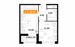 ЖК «Планерный квартал», планировка 1-комнатной квартиры, 38.02 м²